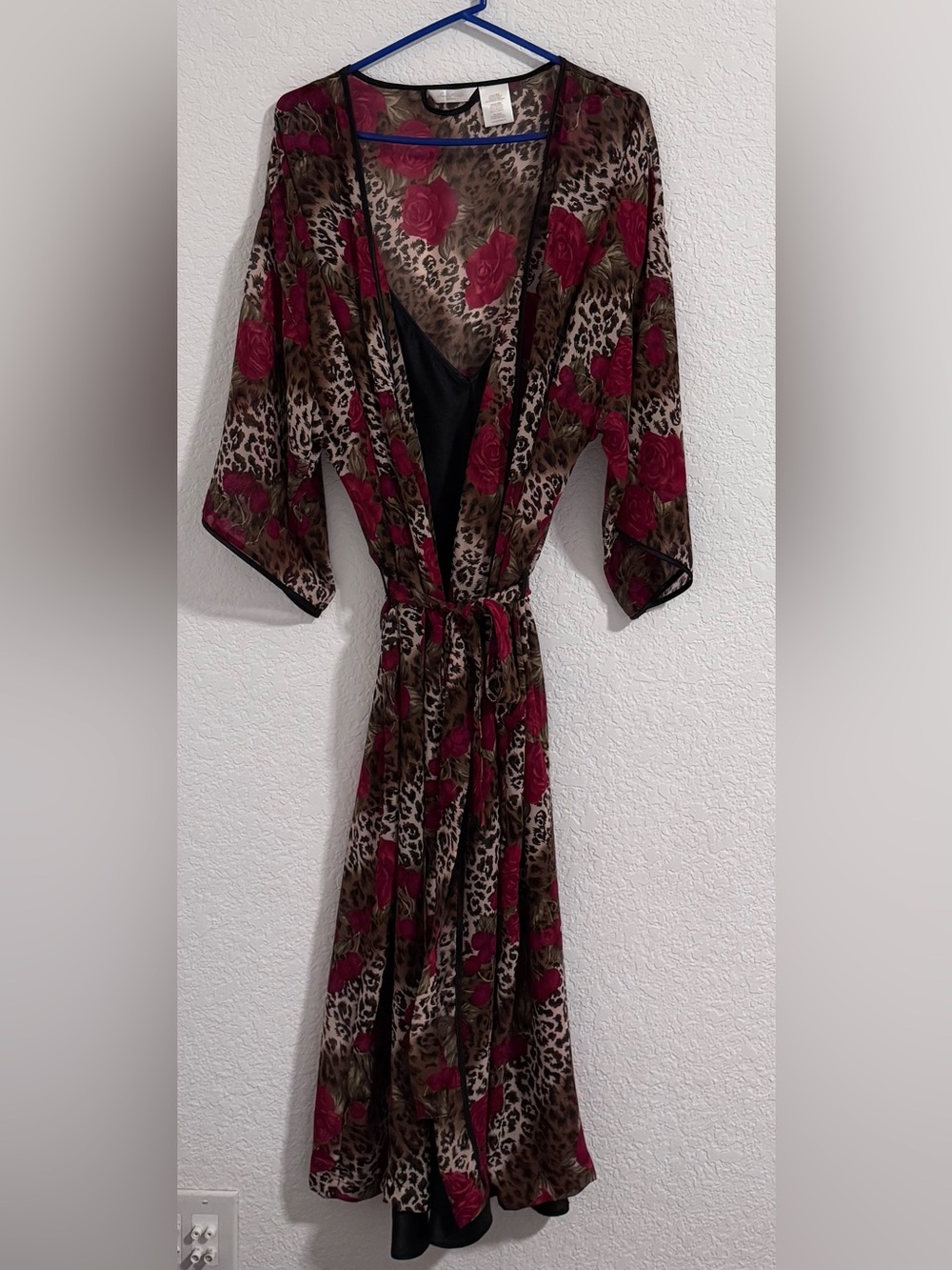 Secret Treasures Burgundy Rose & Leopard Satin Kimono Robe
